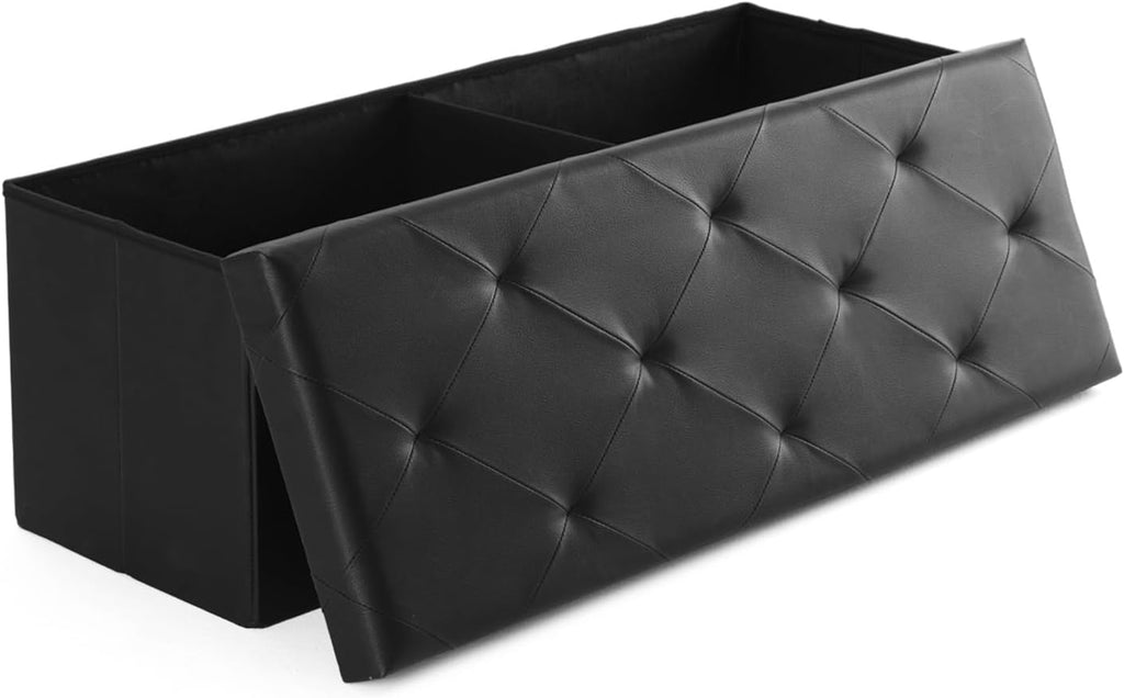 Sweetcrispy 43 Inches Folding Ottoman with Storage Bench, Foot Rest Stool, End of Bed Storage Bench Upholstered, Load 660 lbs, for Living Room, Lychee Grain Leather, Black