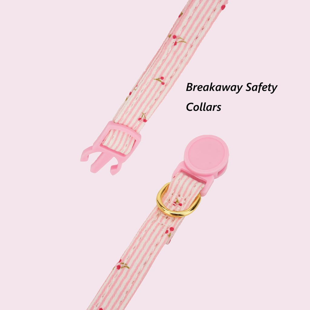 2 Pack Breakaway Cotton Cat Collars with Cute Bunny Ear Bowtie and Bell, Pink Floral Female Kitten Collars