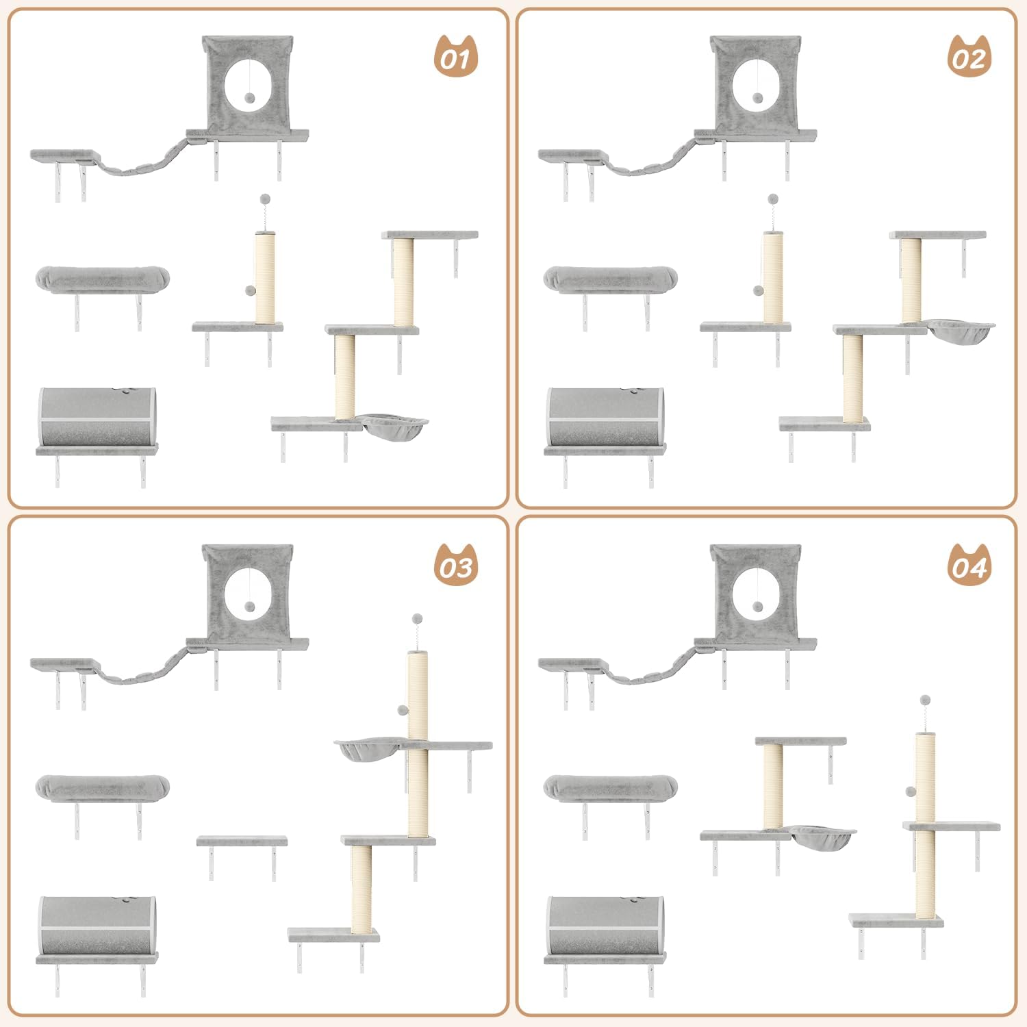 NUNU LAB Cat Wall Shelves Set, 7 Pcs Wall-Mounted Cat Climber with Cat House, Tunnel, Bridge, Scratching Post, Hammock, Wall Shelves, Gray