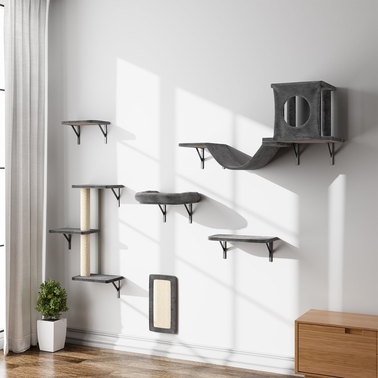NUNU LAB Wall Mounted Cat Climber Set, 6 Pcs Cat Furniture Set with House, Bridge, Steps, Scratcher Board and Hammock, Shelves for Indoor, Luxury Walls Furniture(Dark Grey)