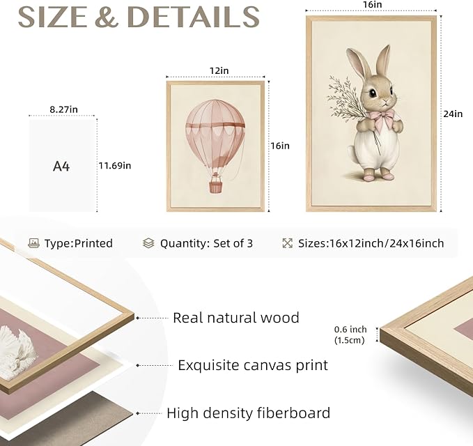 kilamino Pink Baby Girl Nursery Wall Art, Neutral Cute Rabbit and Swan Wall Decor, Vintage Hot Air Balloon Poster Prints, Pastel Bunny Animals Canvas Paintings for Baby Room Wood Framed 12"x16"x3