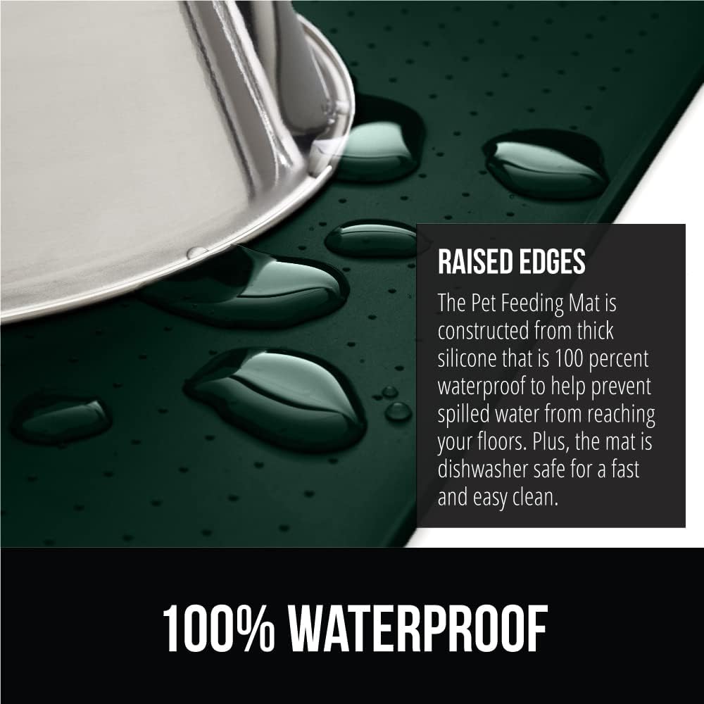 GORILLA GRIP 100% Waterproof Raised Edge BPA Free Silicone Pet Feeding Mat, Dog Cat Food Mats Contain Spills Protects Floors, Placemats for Cats and Dogs Water Bowl, Pets Accessories 18.5x11.5 Green