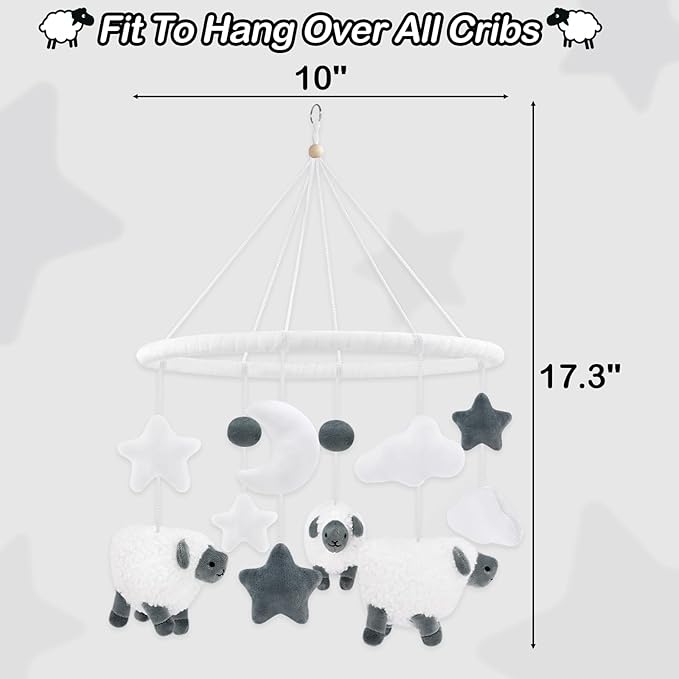Sheep Baby Crib Mobile Lamb Nursery Mobile Neutral Farm Animal Hanging Decor with Furry Scottish Sheep Clouds Moon Stars Newborn Gifts for Infants Little Boys Girls Bedroom Living Room (Grey)