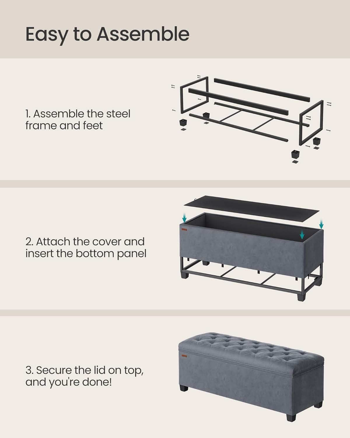 SONGMICS Velvet Storage Ottoman Bench, Foot Rest with Legs, 15.7 x 43 x 15.7 Inches, End of Bed Bench, Storage Chest, Load up to 660 lb, for Living Room, Bedroom, Entryway, Slate Gray ULSF089G01