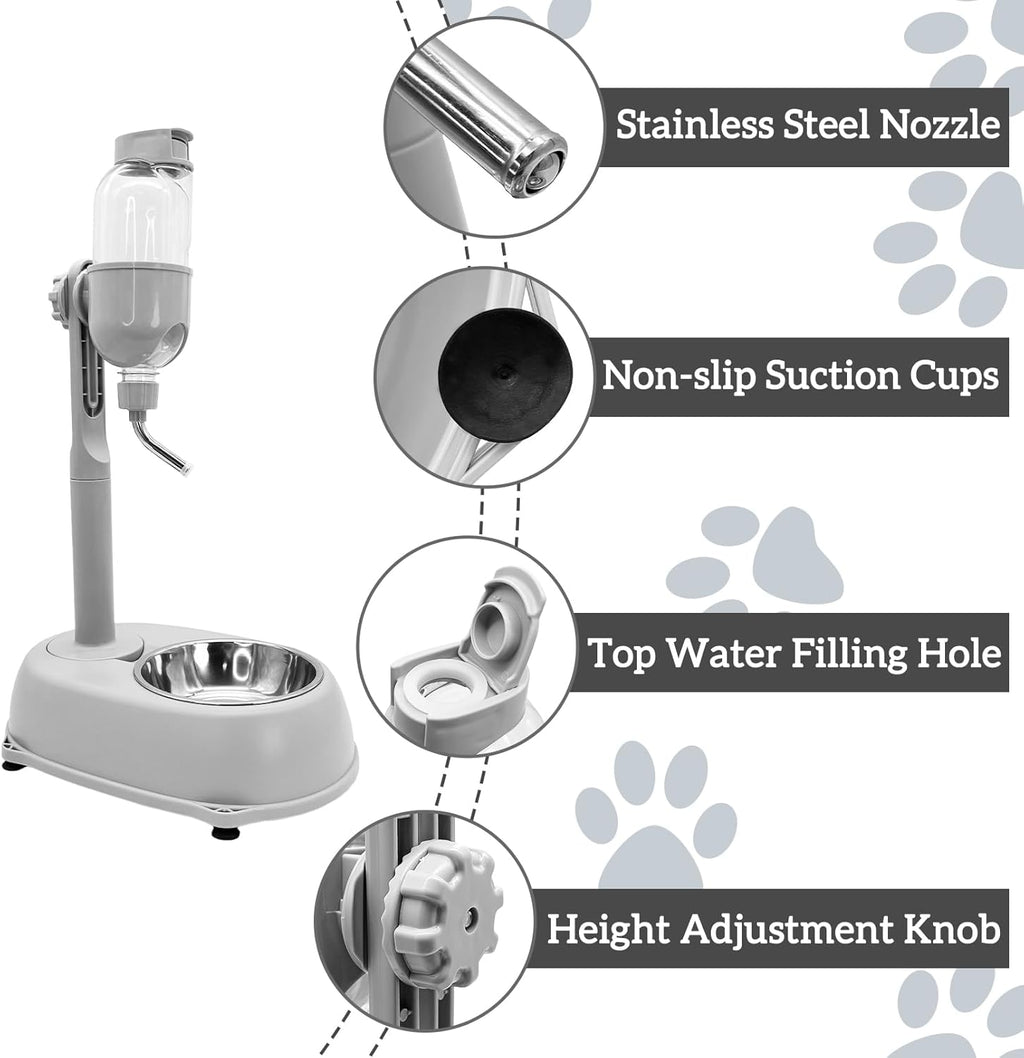 Fhiny Dog Water Feeder Bottle with Stand, Dispenser Automatic Water Food Bowl for Cage Leak-Proof No-Drip Adjustable Raised Pet Slow Water Bottle Dog Kennel Durable Drinker Container