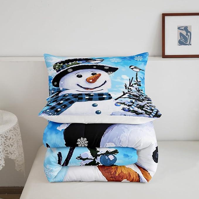 Feelyou Kids Christmas Theme Decorations Bedding Set Xmas Snowman Comforter Set for Boys Girls Snowflake Kawaii Cute Comforter Watercolor Blue Quilt Set Bedroom Collection Toddler Size