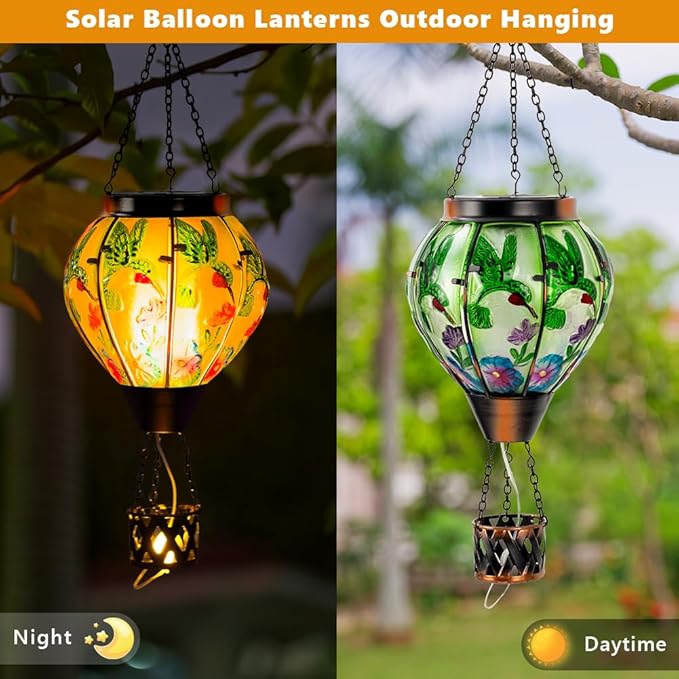 Starsoul Hummingbird Hot Air Balloon Solar Lantern with Candle Holder Glass Outdoor Solar Hot Air Balloon Flickering Flame Lamp Hanging Garden Light Waterproof for Lawn Porch Tree Yard Decorations