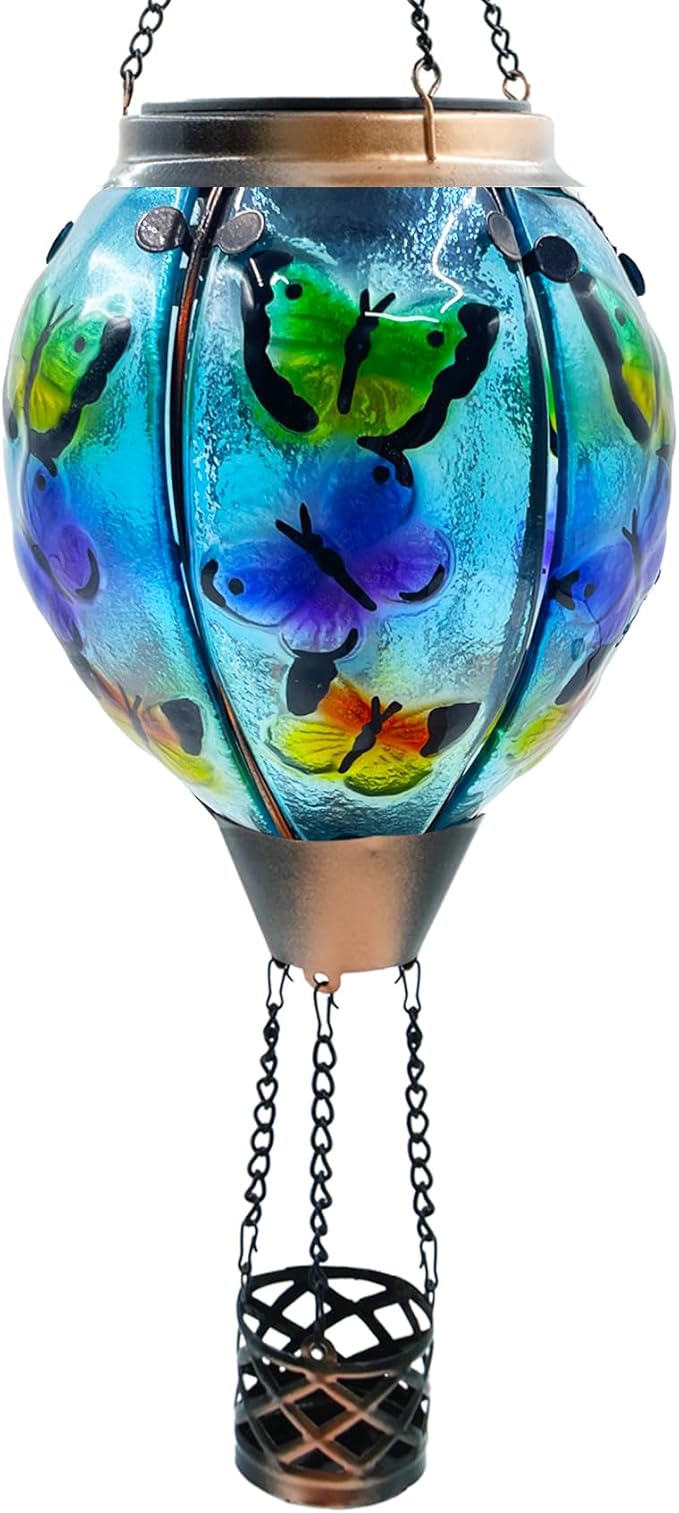 Glass Solar Hot Air Balloon Lantern with Flame Hanging Garden Flickering Light Outdoor Waterproof for Yard Patio Tree Mother's Day Gift, Butterfly