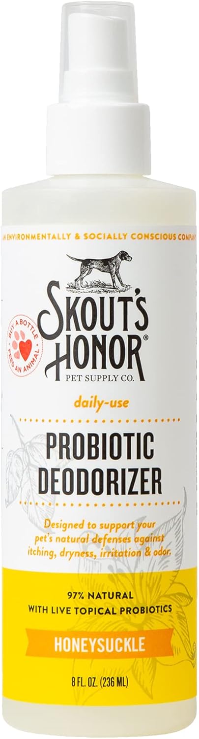 Skout's Honor Probiotic Pet Deodorizer Spray- Hydrating Daily-Use with Avocado Oil & Omega-3s, Microbiome Friendly Certiified, Paraben & Sulfate-Free, 97% Natural, 8oz, Honeysuckle