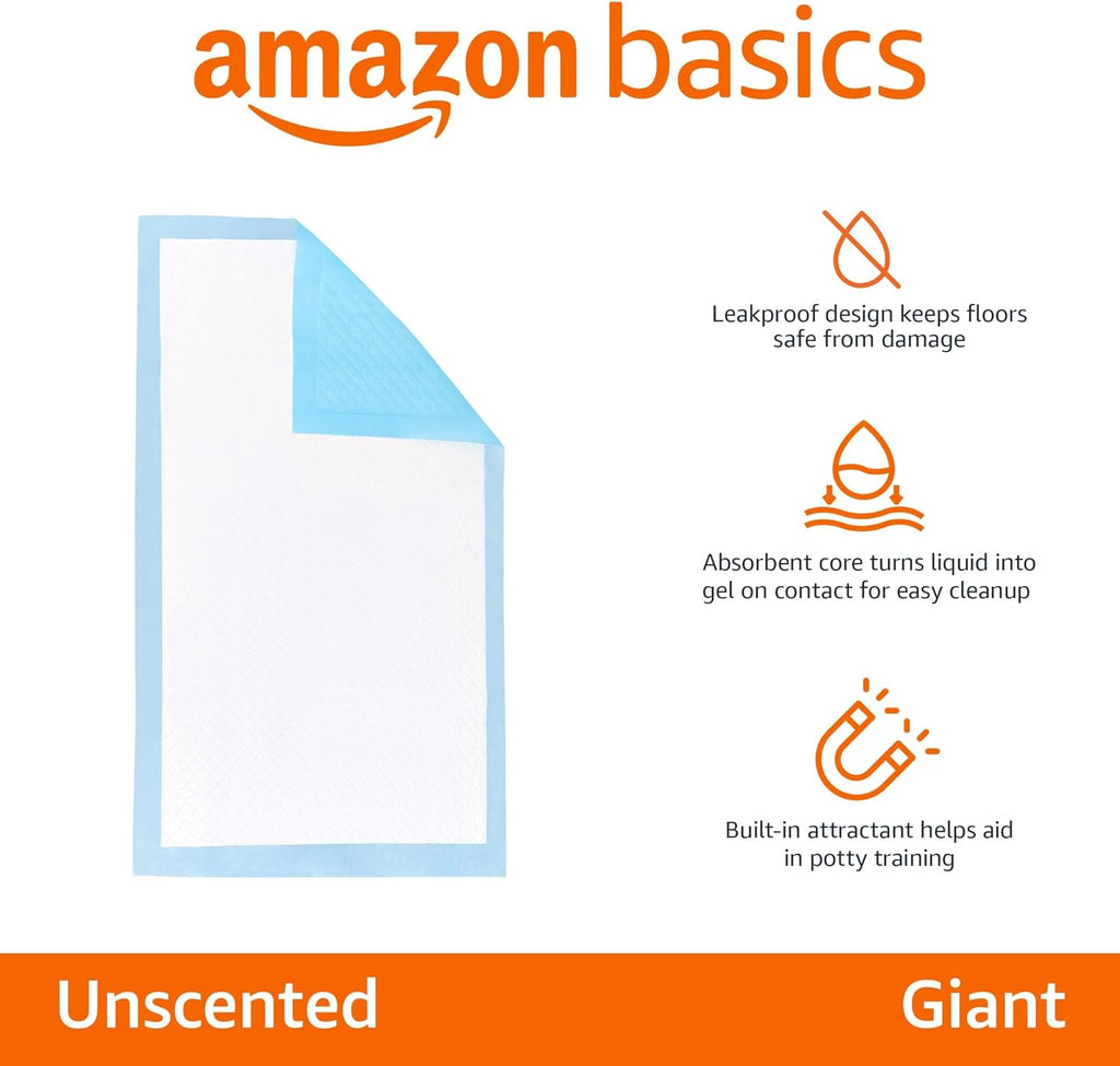 Amazon Basics Leakproof Dog and Puppy Pee Pads with 5-Layer Quick-Dry Surface for Potty Training, Standard Absorbency, Giant, 27.5 x 44Inch, Pack of 40, Blue & White