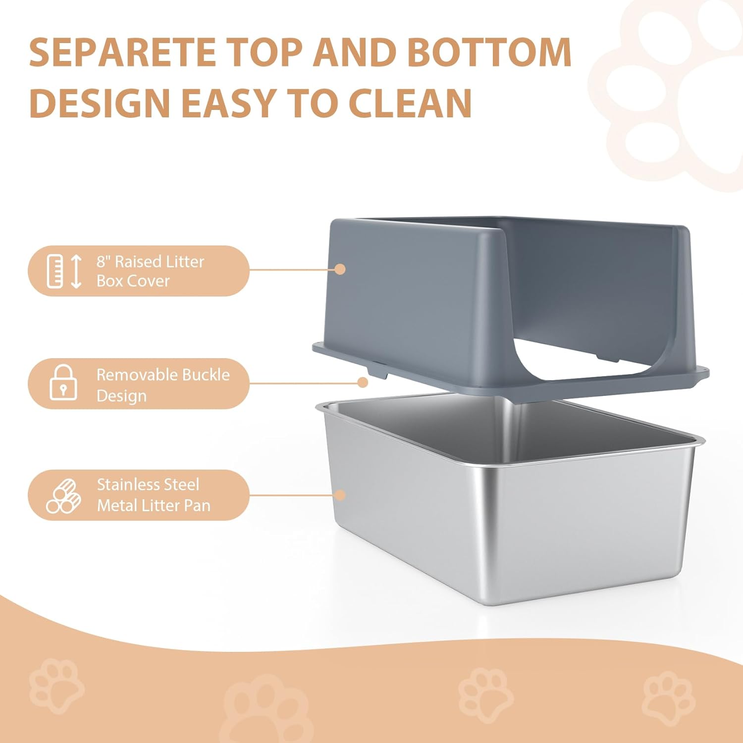 Large Stainless Steel Litter Box with Lid, High Sides, 16" Metal Cat Litter Box, Extra Large Litter Boxes for Big Cats, Tall Cat Litter Pan, Grey, Easy Clean
