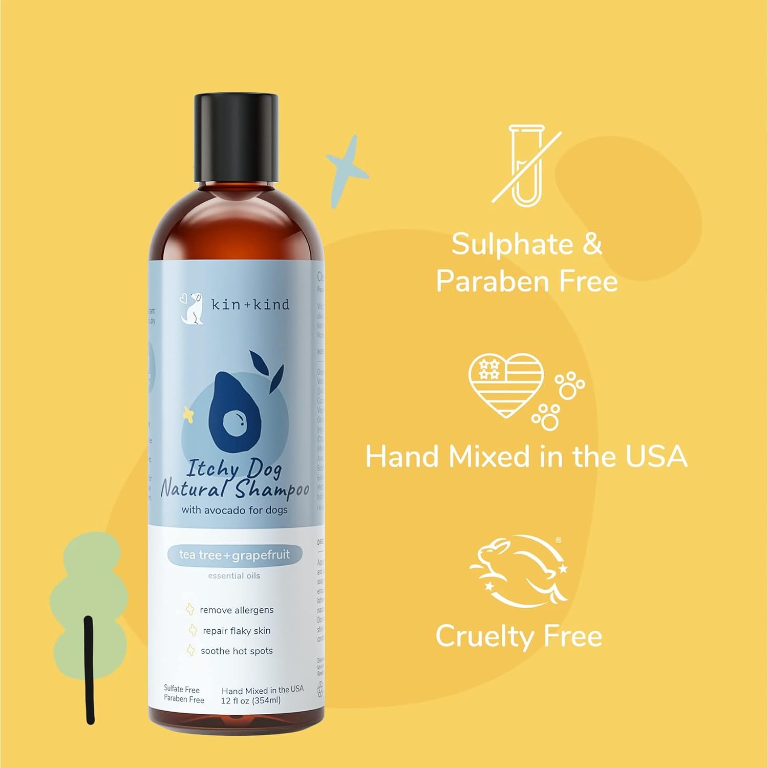 kin+kind Pet Shampoo for Itchy Dog and Cat (12 fl oz) - Soothe Itch and Hot Spot Irritation - Safe, Natural Formula with Olive Oil, Coconut Oil and Avocado Oil - Made in USA