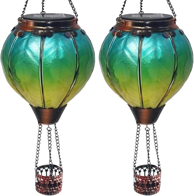 Hot Air Balloon Solar Lantern, Glass Hanging Solar Lantern with Flickering Flame Lights for Outdoor Garden Decoration (Gradient Green (2PC))