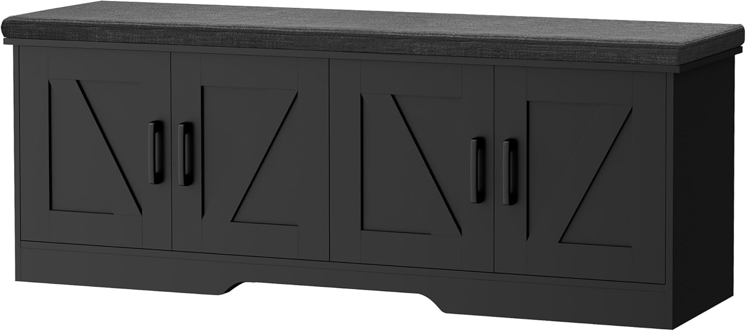2-Tier Storage Bench, Shoe Bench with Padded Seat Cushion, Entryway Bench with 4 Barn Doors, Adjustable Shelf, 13.8" D x 47.2" W x 17.7" H, for Entryway, Living Room, Bedroom, Black
