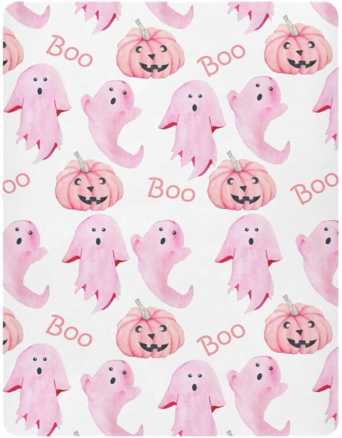 Halloween Ghosts Pink Crib Sheets Soft Breathable Fitted Baby Playard Sheets Mattress Cover for Girl Boys, 39" x 27" x 5"