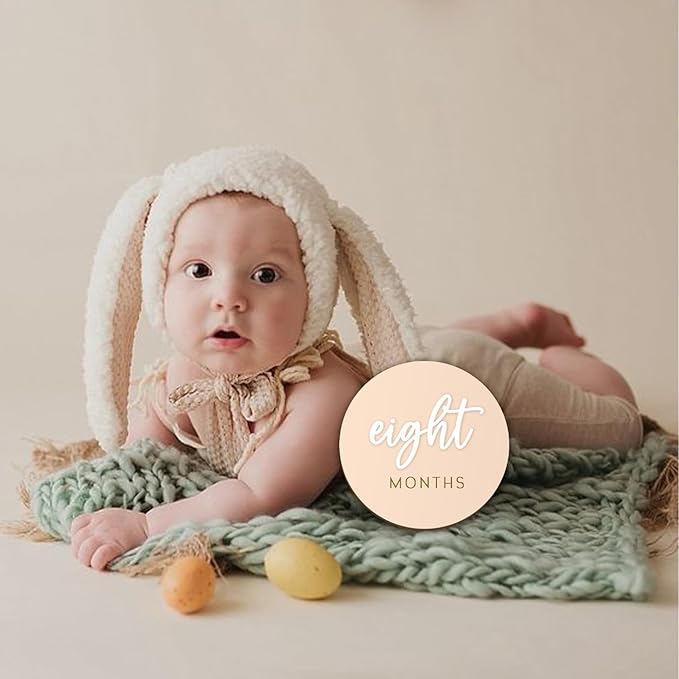 Monthly Baby Milestone Maker Discs, Baby Milestone Signs for Newborn Baby, Hello World Newborn Sign for Baby Girl & Boy, Baby Announcement Sign for 1-12 Month, Milestone Wooden Circles (White)