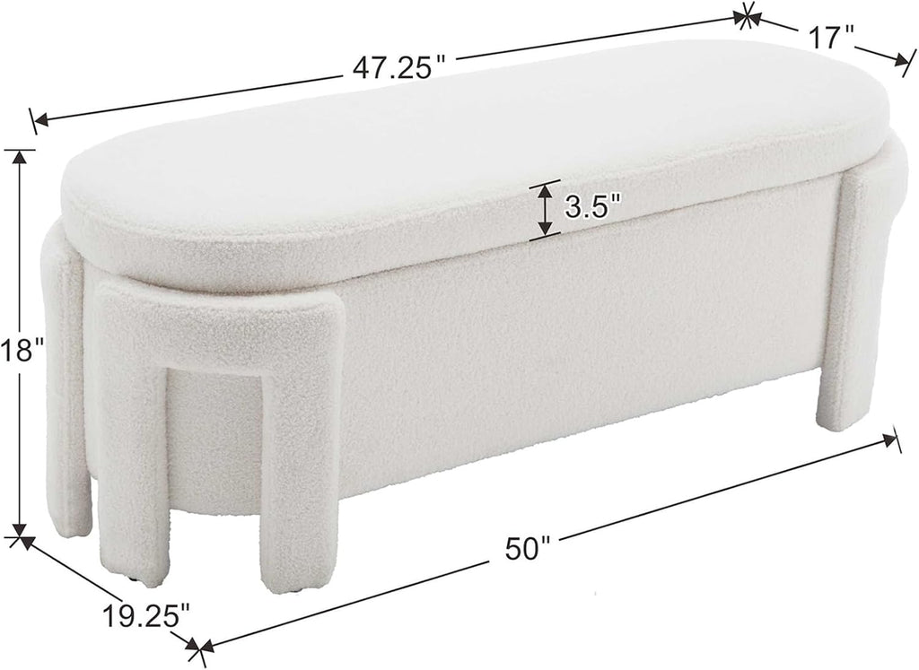 Kmax 50" Storage Ottoman Bench Modern Faux Fur Boucle Entryway Bench Comfy Upholstered End of Bed Bench for Hallway Entrance Bedroom Corner, White