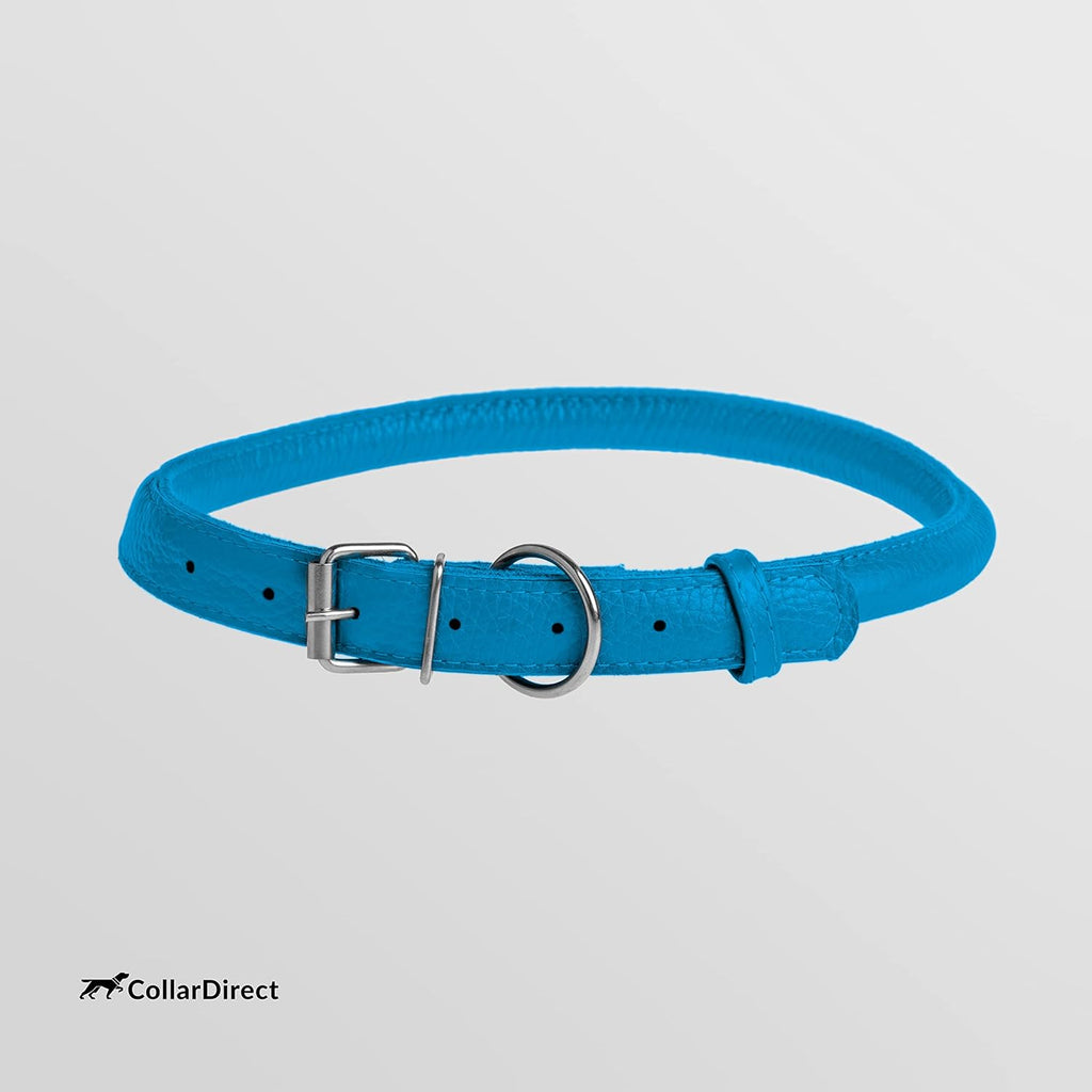 CollarDirect Rolled Leather Dog Collar, Soft Padded Round Puppy Collar, Handmade Genuine Leather Collar Dog Small Large Cat Collars 13 Colors (6-7 Inch, Light Blue Textured)