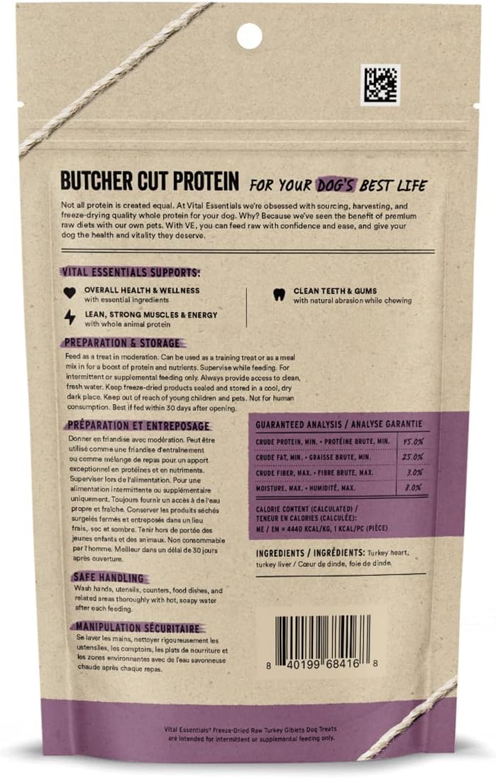 Vital Essentials Turkey Giblets Dog Treats, 2 oz | Freeze-Dried Raw | Single Ingredient | Premium Quality High Protein Training Treats | Grain Free, Gluten Free, Filler Free