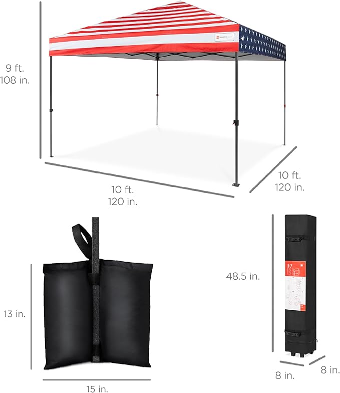Best Choice Products 10x10ft 1-Person Setup Pop Up Canopy Tent Instant Portable Shelter w/ 1-Button Push, Case, 4 Weight Bags - American Flag