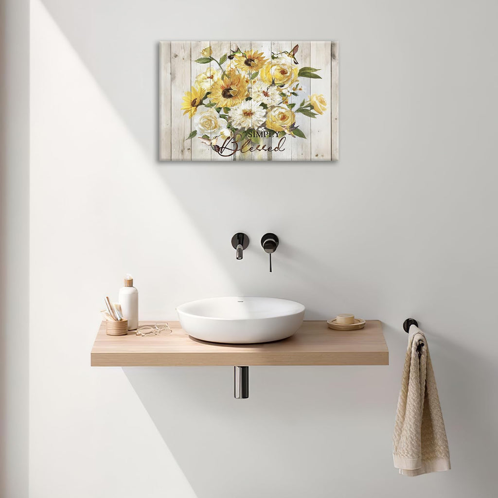 Sunflower Bathroom Pictures Wall Art, Simple Blessed Floral Bathroom Wall Decor, Flower Framed Painting Canvas Artwork for Bedroom Living Room Decorations 24"L x 16"W