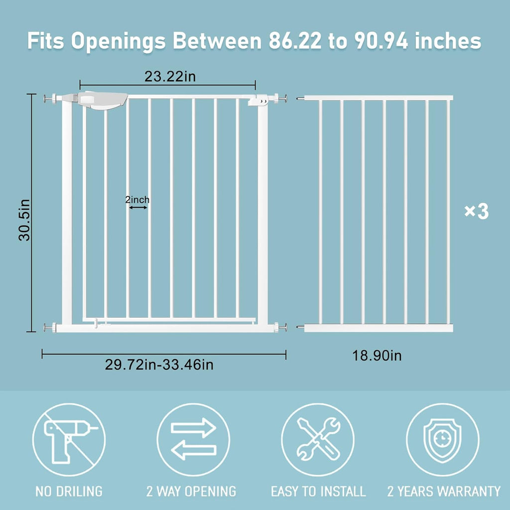 WAOWAO Triple Lock Baby Gate Extra Wide 86.22-90.55" Pressure Mounted Walk Through Swing Auto Close Safety White Metal Dog Pet Puppy Cat for Stairs,Doorways,Kitchen 86.22-90.94"/219-231cm