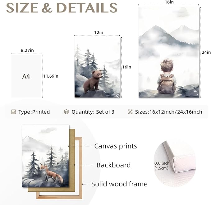 kilamino Neutral Woodland Wild Animal Wall Art, Cute Bear Fox Nursery Wall Decor, Adventure Boy Poster Prints, Vintage Forest Animal Canvas Paintings for Baby Room Classroom Playroom Framed 16"x24"x3