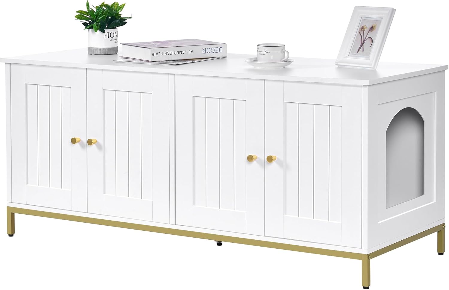 Homhedy Cat Litter Box Enclosure for 2 Cats, Cat Washroom Furniture with Double Room, Pet House with Metal Frame, 47.2”L x 17.7”W x 21.7”H, White and Gold