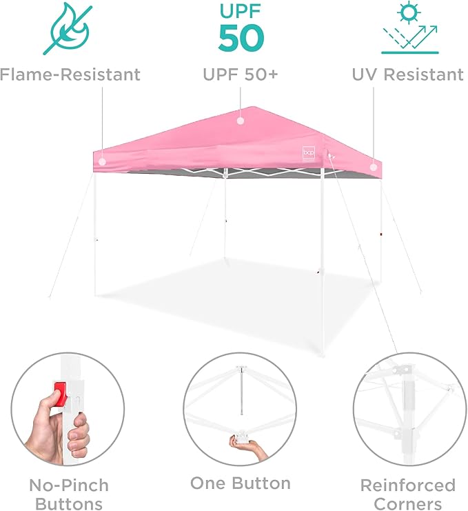 Best Choice Products 10x10ft 1-Person Setup Pop Up Canopy Tent Instant Portable Shelter w/ 1-Button Push, Case, 4 Weight Bags - Pink/White
