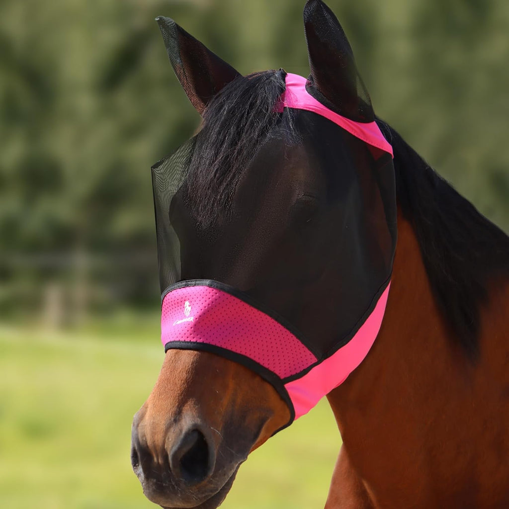 Horse Fly Mask Large Space Breathable UV Protection Equine Mask with Reflective Features on Ears Hot Pink M