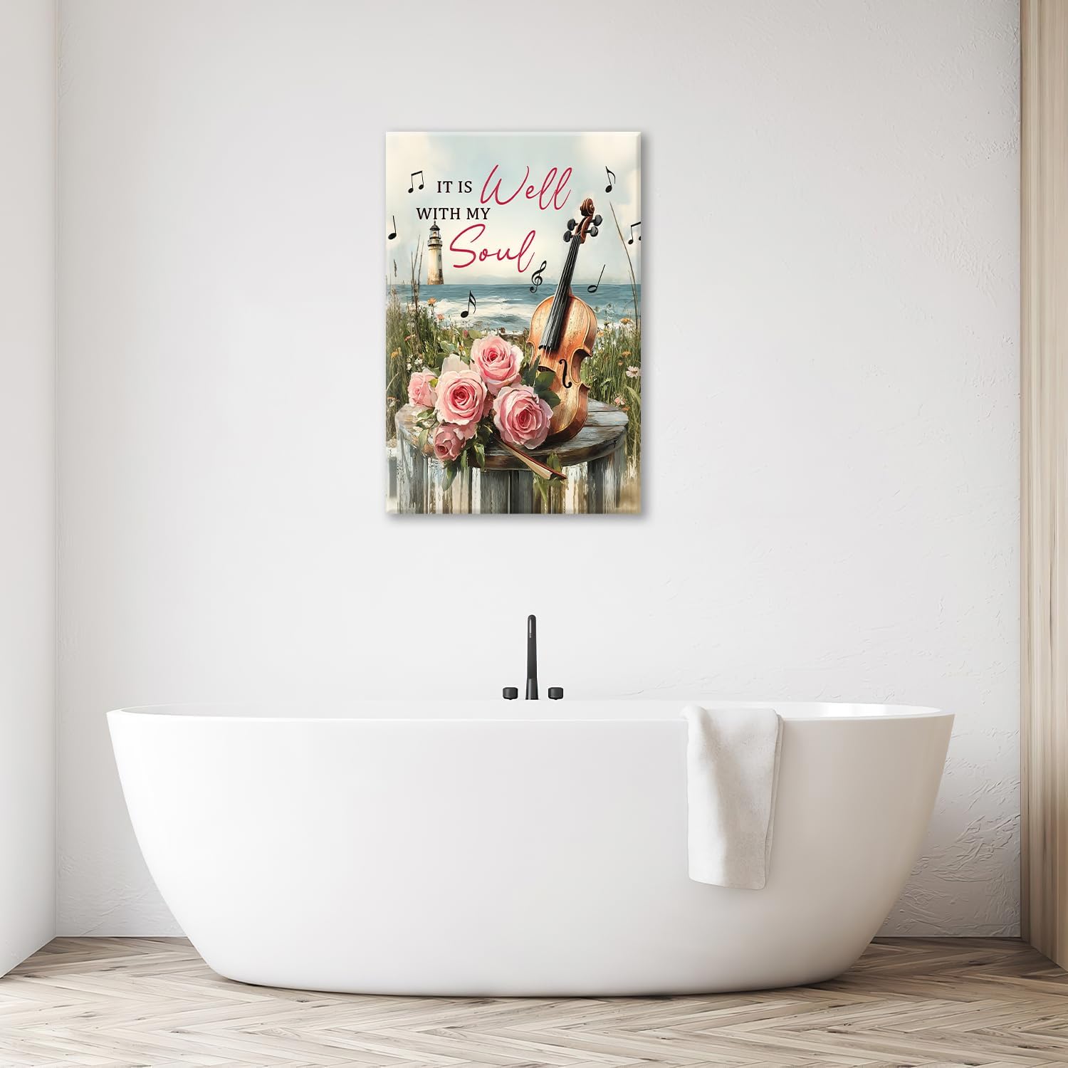 Violin Pictures Wall Art, Music Rustic Country Inspirational Bathroom Wall Decor, Coastal lighthouse Framed Painting Rose Aesthetics Canvas Artwork for Bedroom Living Room Decorations 24"L x 16"W