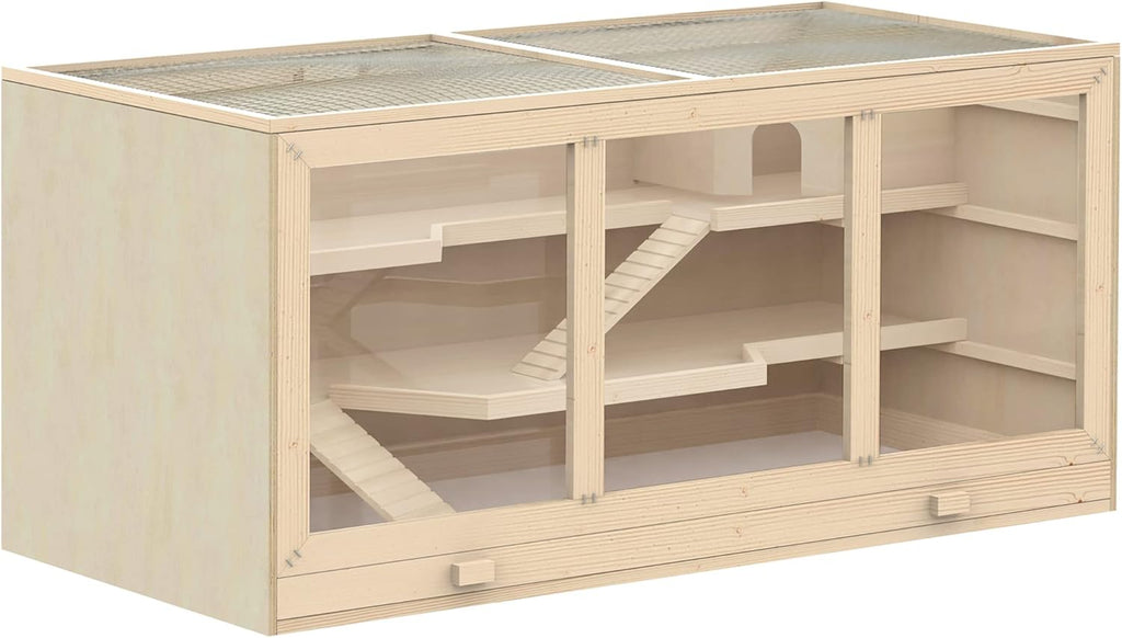 PawHut 45" Extra Large Wooden Hamster Cage, 3-Layer Chewproof Rat Cage with Opening Roof, Hut, Ramps, for Gerbil, Dwarf & Syrian Hamsters, Natural