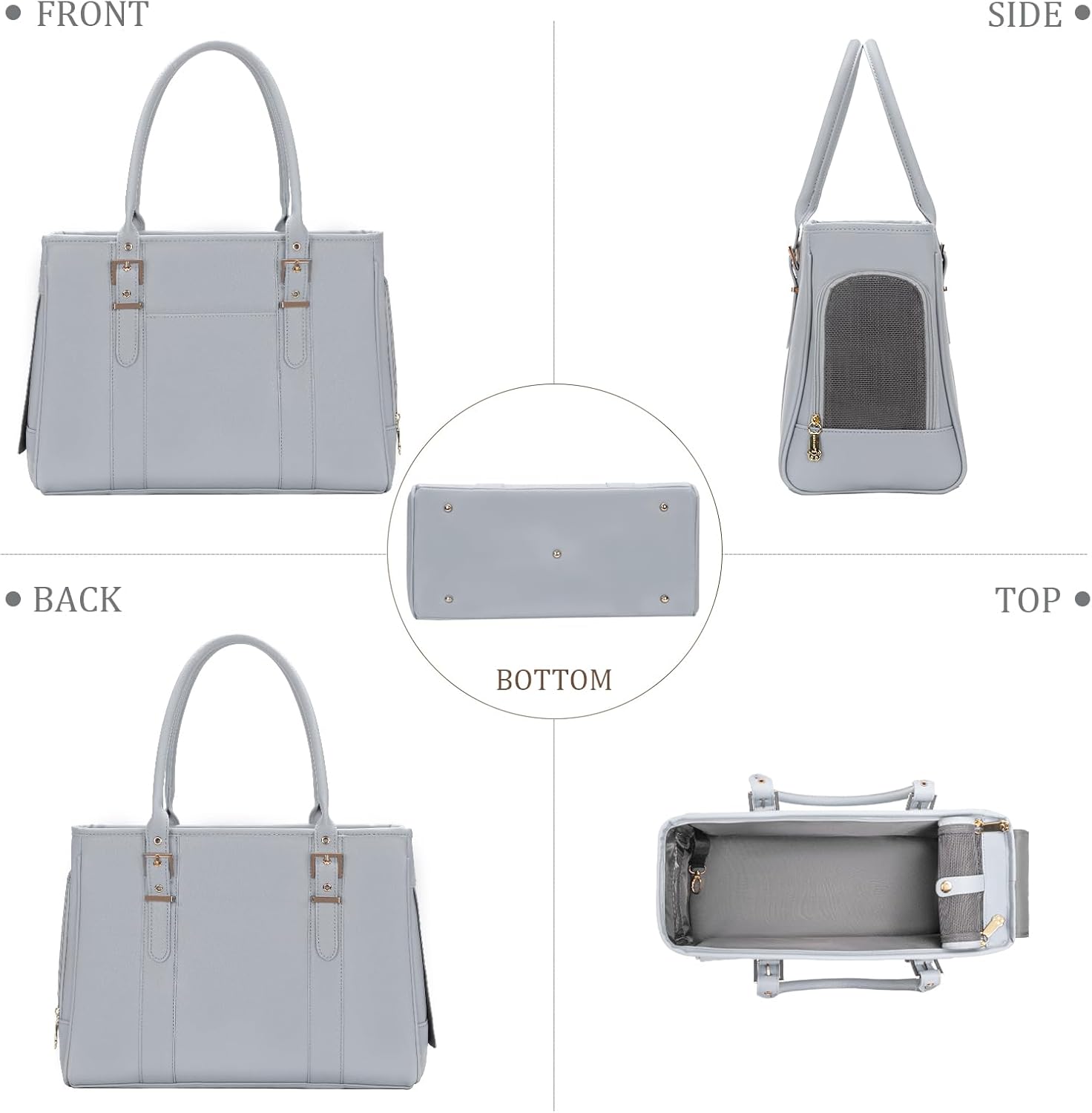 Fashion Pet Carrier Dog Purse Cat Bag Soft-Sided Carriers Travel Airline Approved, Stylish Leather Tote Handbag for Small Animal Puppy Kitten (Grey)