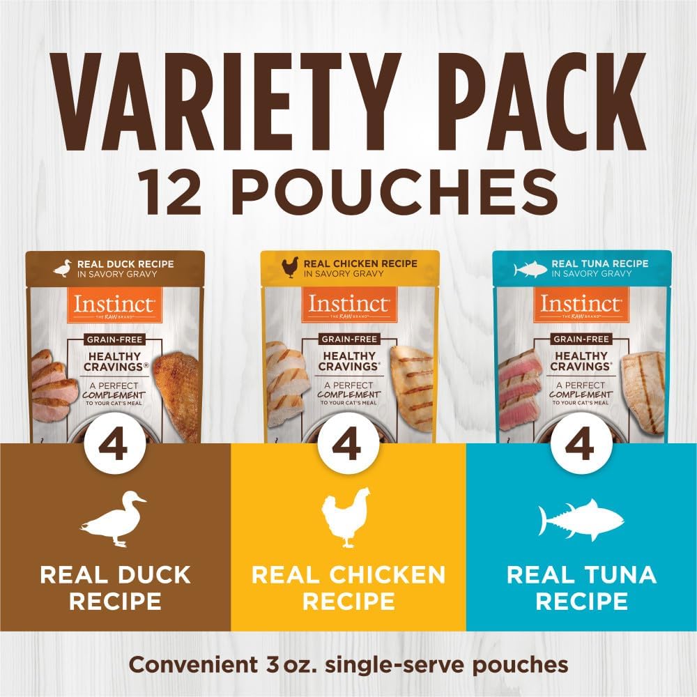 Instinct Healthy Cravings Natural Wet Cat Food Topper, Grain Free Recipe - Variety Pack, 3 oz. Pouches (Pack of 12)