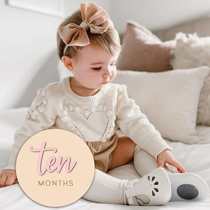 Monthly Baby Milestone Maker Discs, Baby Milestone Signs for Newborn Baby, Hello World Newborn Sign for Baby Girl & Boy, Baby Announcement Sign for 1-12 Month, Milestone Wooden Circles (Pink)