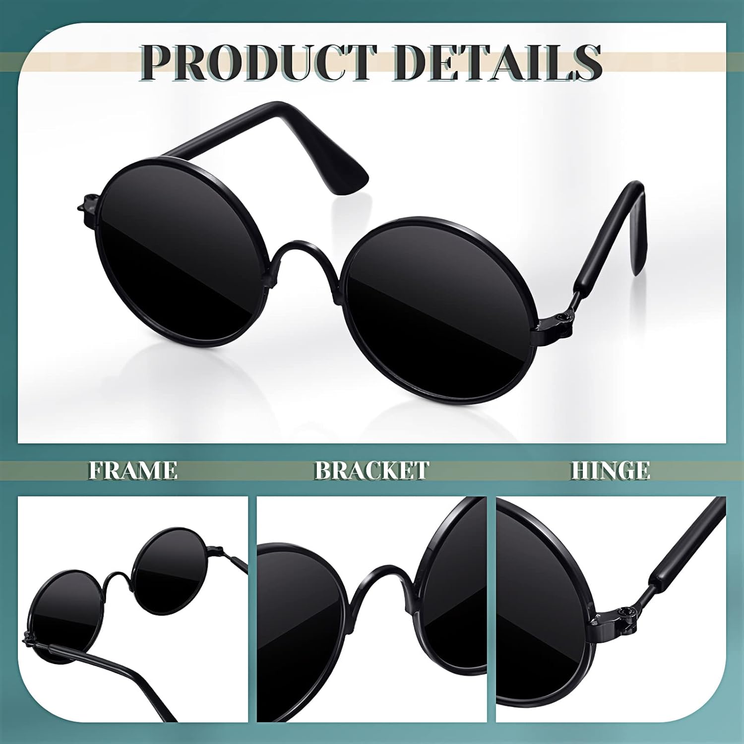 Dog Sunglasses Retro Pet Glasses Doll Glasses Classic Round Dog Glasses Metal Cat Puppy Eye Wear Hippie Costumes for Cats and Dogs, Photos Props Cosplay Party Costume (Black, Classic Style)
