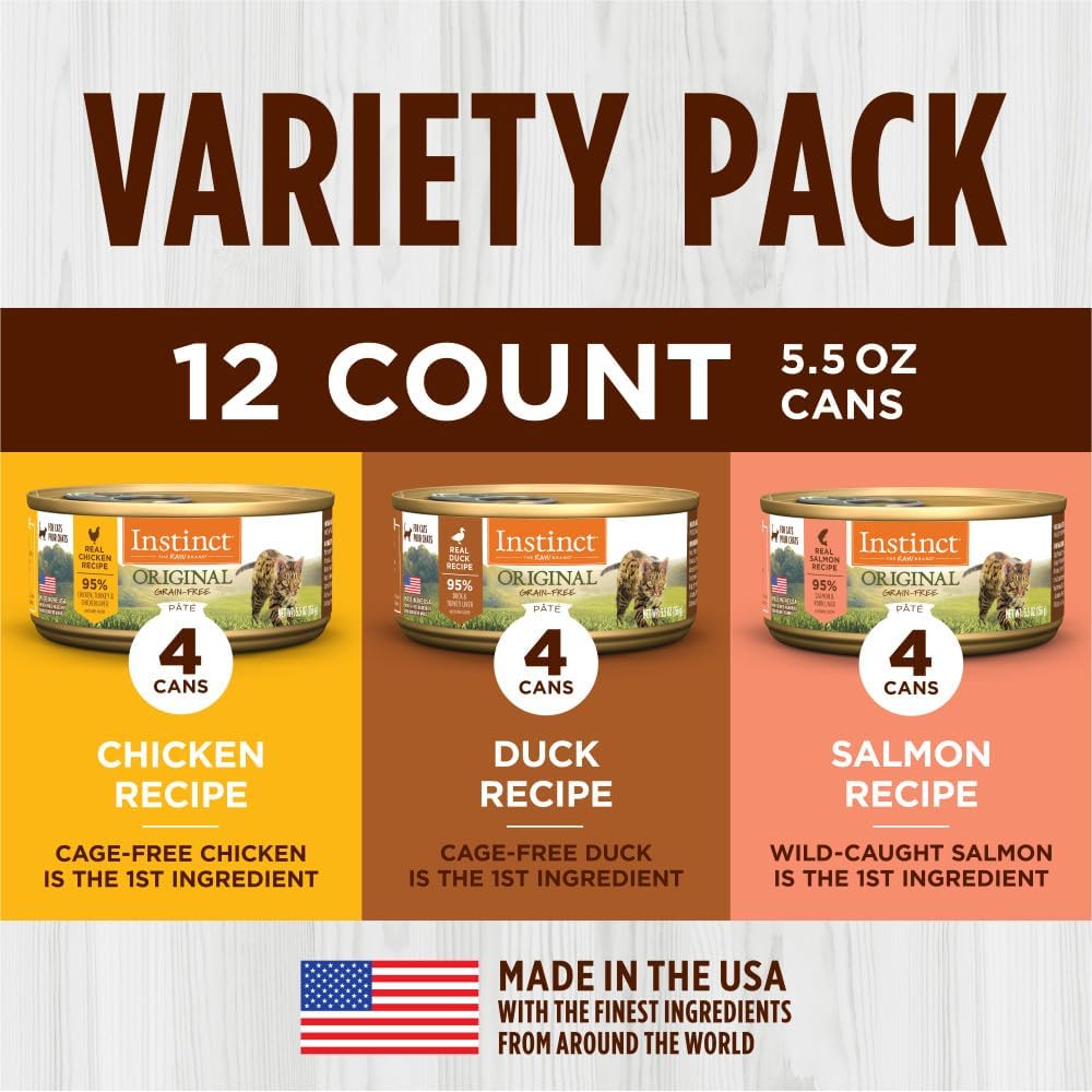 Instinct Original Pate Wet Cat Food, Grain Free Recipe - Variety Pack, 5.5 oz. Cans (Pack of 12)