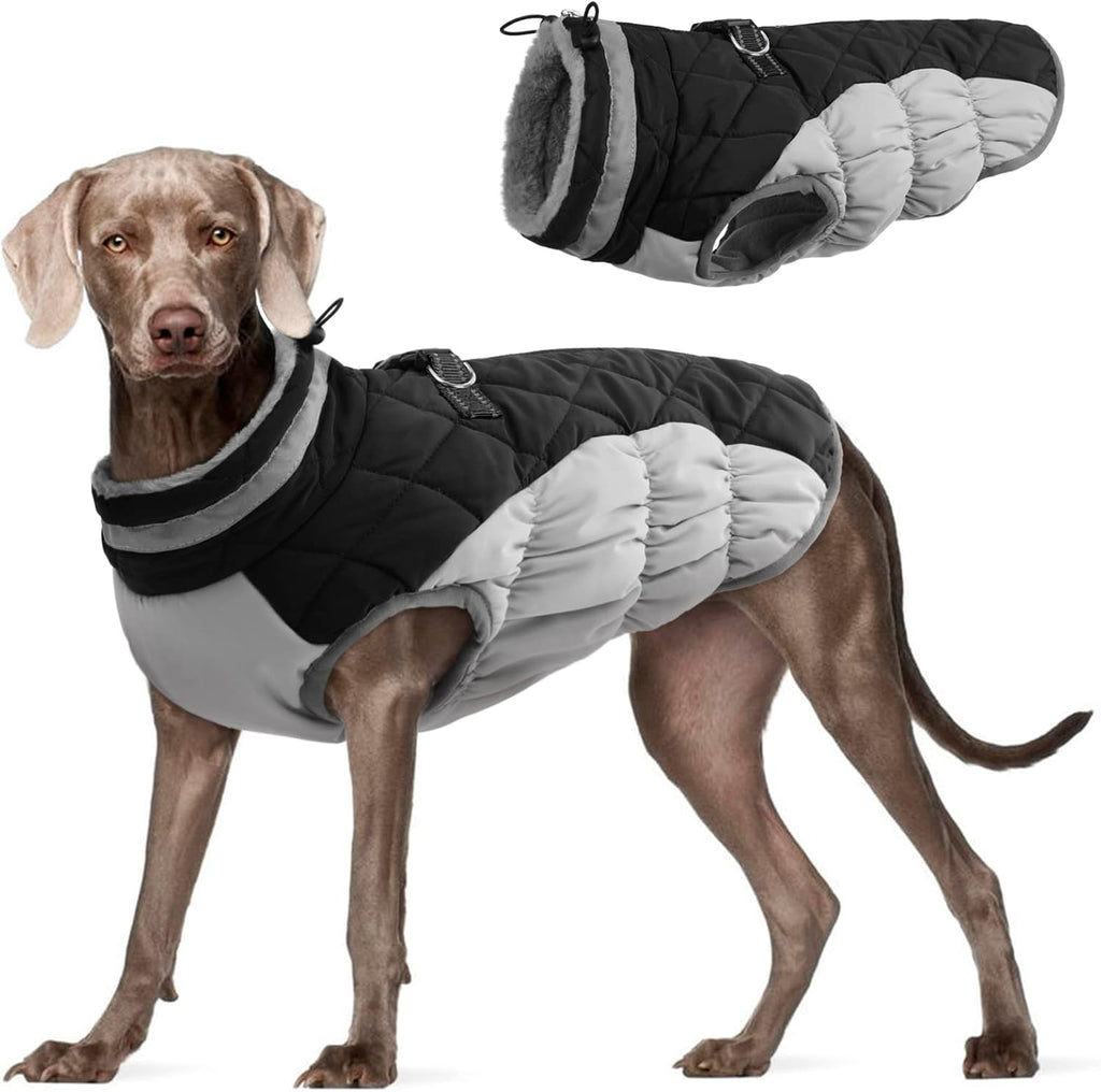 FUAMEY Dog Coat for Large Dogs,Waterproof Dog Winter Jacket with Harness Built in Puppy Cold Weather Coats Reflective Pet Vest with Zipper Warm Fleece Dogs Snowsuit Windproof Black L