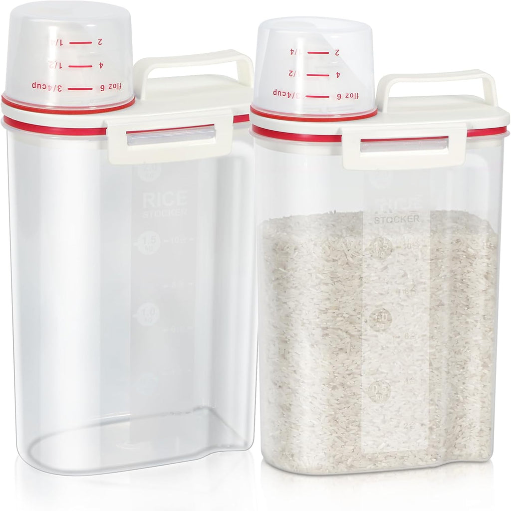 TBMax 2 Pack Rice Storage Containers 4 Lbs, Small Rice Dispenser with Measuring Cup, Cereal Containers Flour Bin, Kitchen Food Storage Container and Pantry Organizers, Pet Dog Cat Food Dispenser