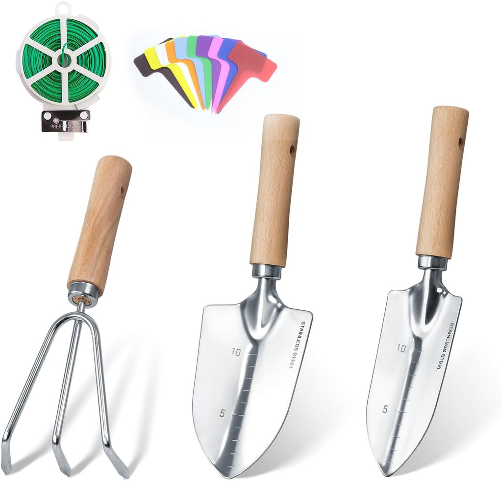 Garden Tool Set, 3 Pieces Gardening Kit with Garden Plant Twist Tie and Plastic Plant Tag, Stainless Steel Heavy Duty Garden Tools with Wooden Handle, Gardening Gifts for Women