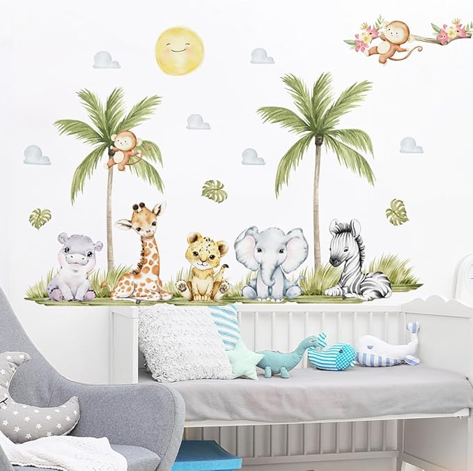 56.29 x 44.88 Inch Watercolor Animal Wall Decals Jungle Animal Stickers Tiger Elephant Zebra Giraffe Monkey Hippo Wall Stickers for Baby Nursery Bedroom Classroom Kindergarten Wall Decor