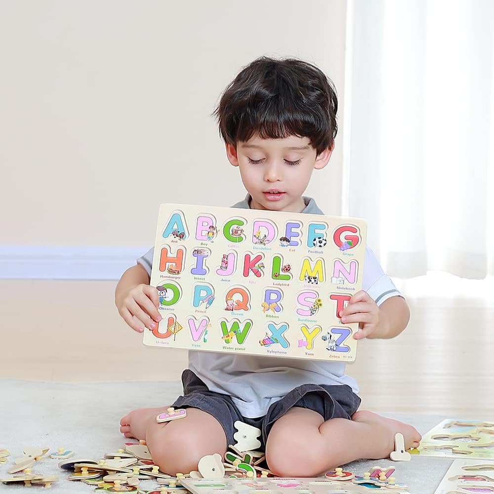 GRINNNIE Wooden Montessori Toddler Puzzles for 1 2 3 4 Years Old, 3 Pcs (Number, Letter, Shape) Kids Preschool Educational Peg Puzzle Set