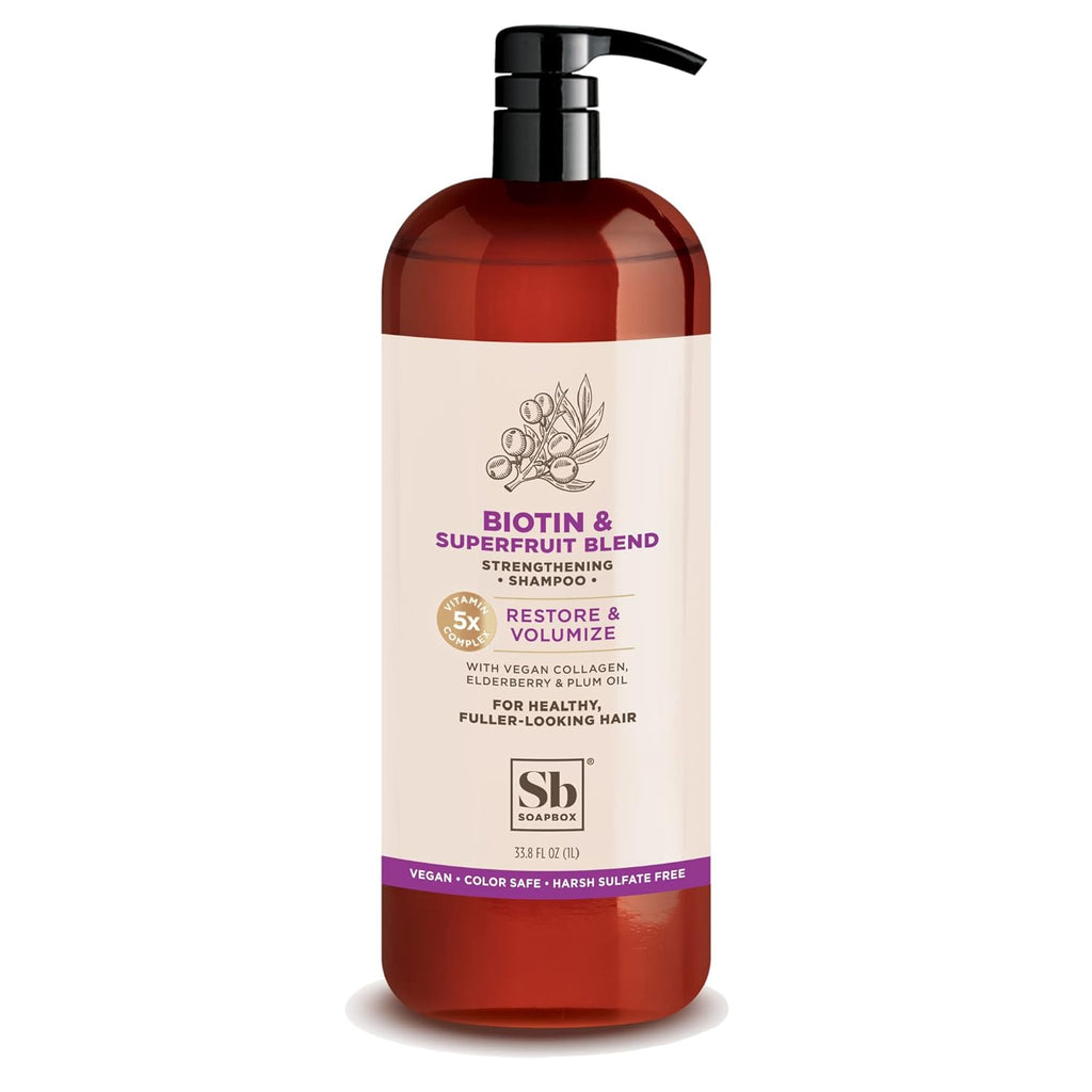 Soapbox Biotin Shampoo, Biotin & Collagen Super Fruit Shampoo for Thin, Fine, Thinning Hair | Volumizing & Repairing to Promote Hair Growth, Strength, Fullness, 1 Liter Pump Bottle