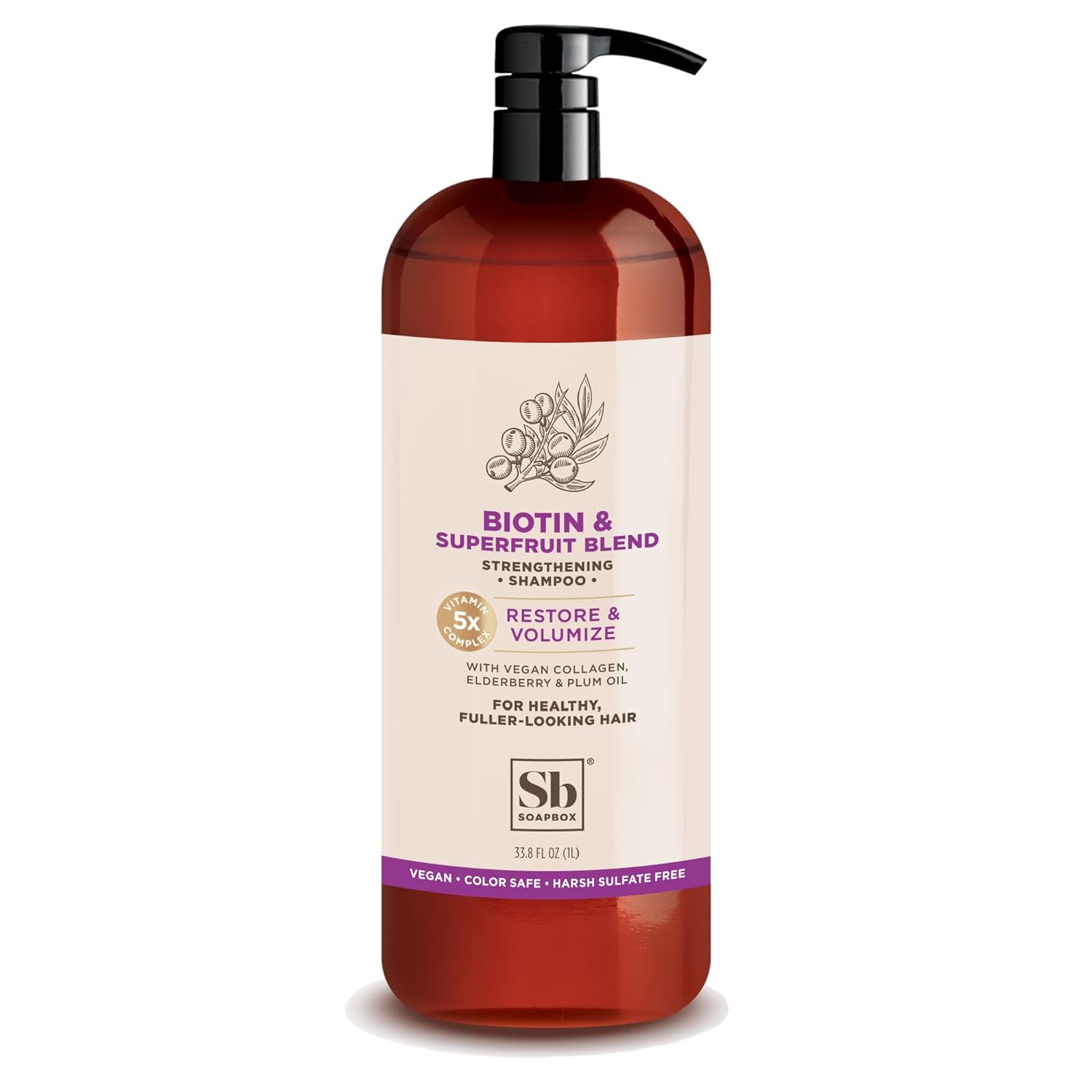 Soapbox Biotin Shampoo, Biotin & Collagen Super Fruit Shampoo for Thin, Fine, Thinning Hair | Volumizing & Repairing to Promote Hair Growth, Strength, Fullness, 1 Liter Pump Bottle