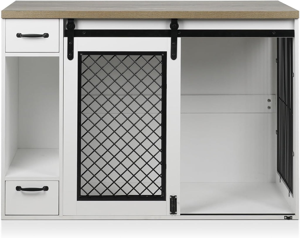 Large Dog Crate, Dog Crates for Medium Dogs, 47.2" Dog Kennel Indoor with Drawers, Feeder Bowls and Storage, 2 Sliding Doors, Heavy Duty Dog Crate Farmhouse Modern Side End Table for Small Medium Dogs