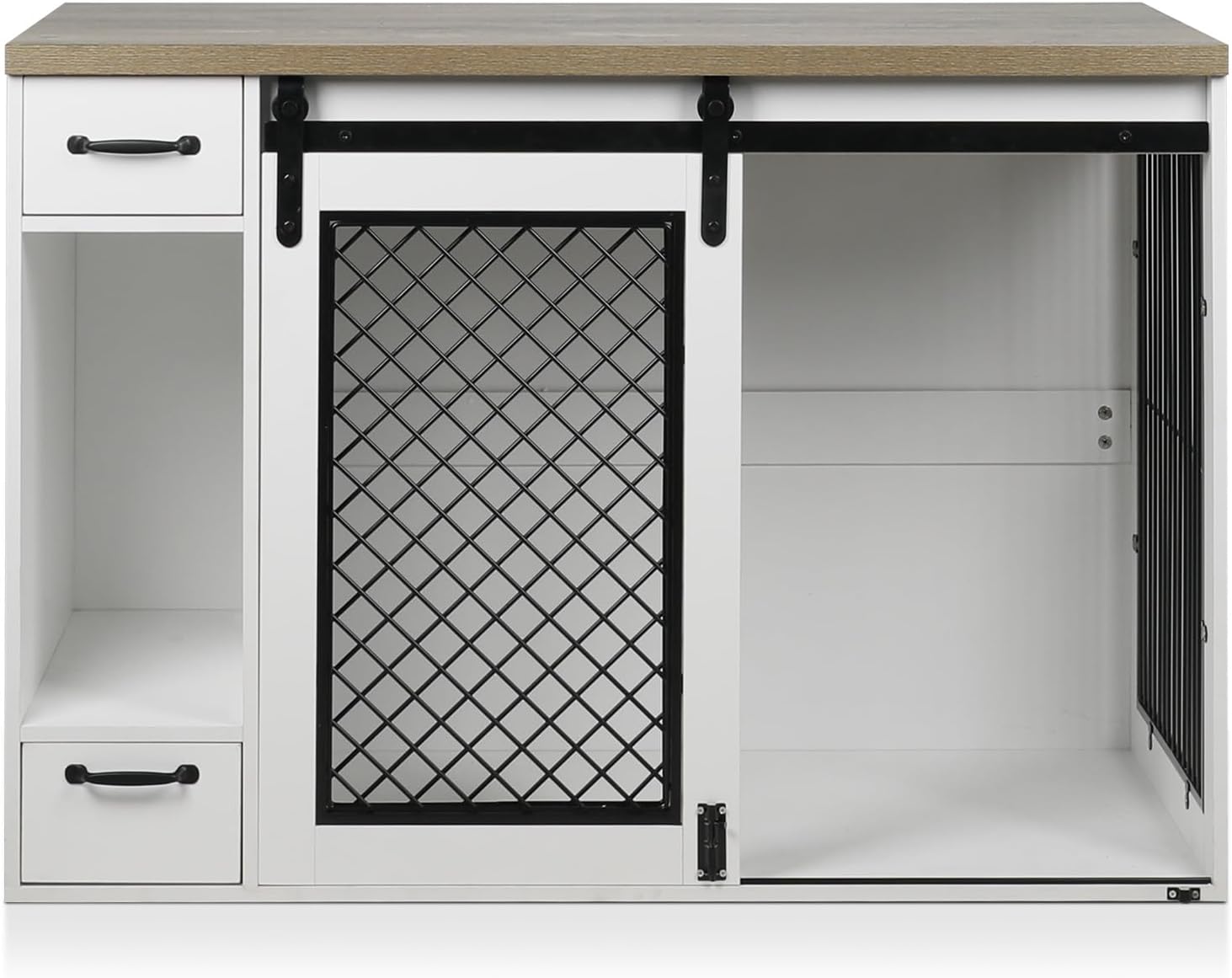 Large Dog Crate, Dog Crates for Medium Dogs, 47.2" Dog Kennel Indoor with Drawers, Feeder Bowls and Storage, 2 Sliding Doors, Heavy Duty Dog Crate Farmhouse Modern Side End Table for Small Medium Dogs