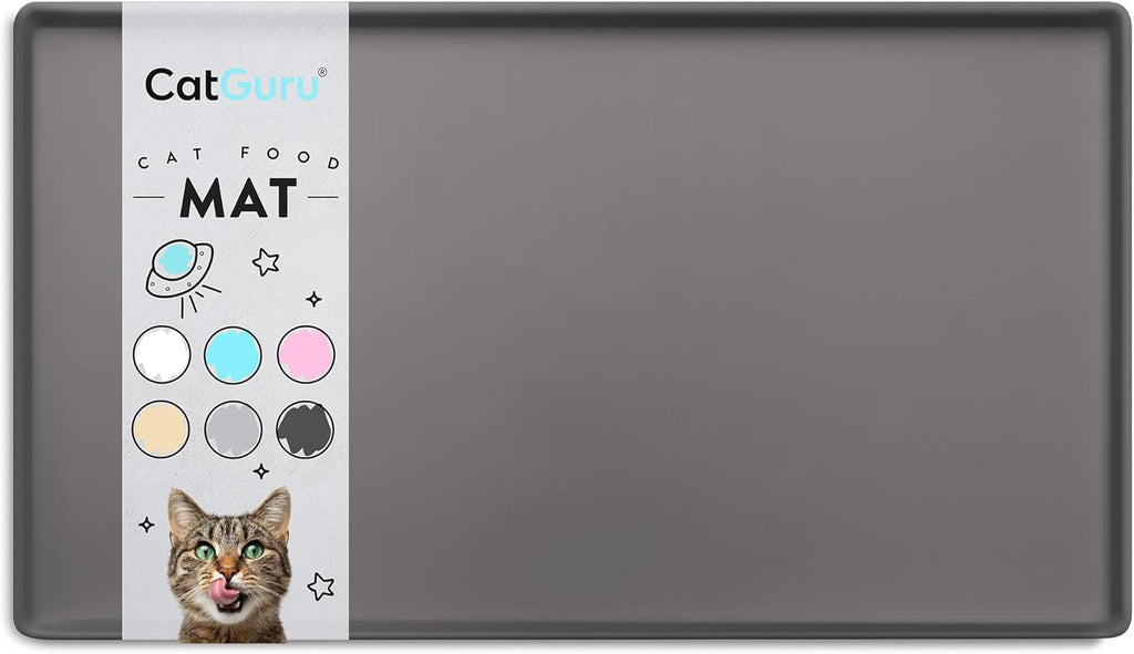 CatGuru Cat Food Mat, Small & Large Feeding Mats, 100% Waterproof Silicone Pet Placemat, Non-Slip Cat Food and Water Bowl or Water Fountain (Large, Carbon)
