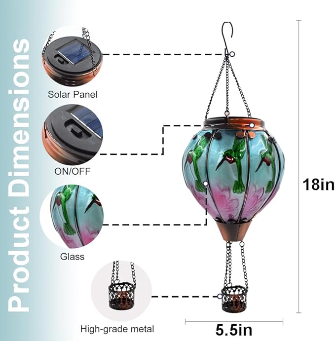 Hot Air Balloon Solar Lantern with Flickering Flame, Glass Hanging Garden Lights Outdoor Waterproof for Tree Yard Patio Mother's Day Gift, 18" H Hummingbird