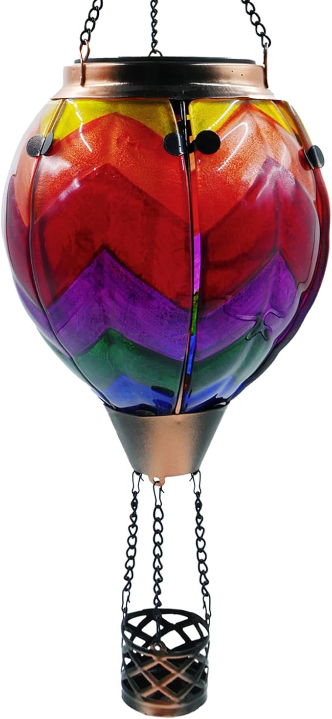 Glass Solar Hot Air Balloon Lantern with Flame Hanging Garden Flickering Light Outdoor Waterproof for Yard Patio Tree Mother's Day Gift, Wavy-Colorful