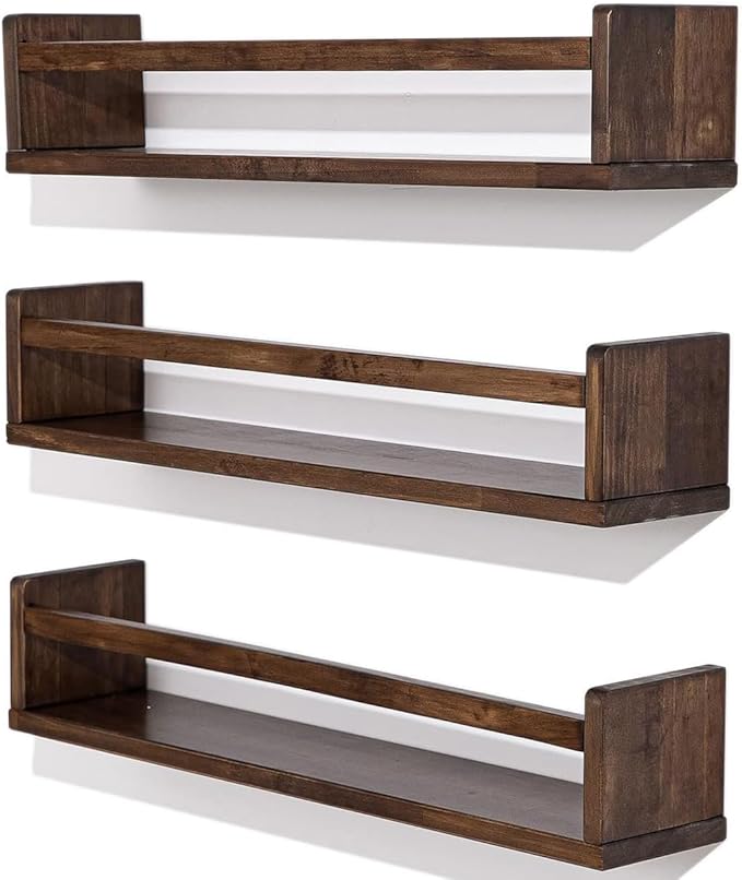 AZSKY Nursery Book Shelves 24 Inch Deep Walnut Floating Bookshelf for Kids Room Wall Mounted Floating Shelves Solid Nursery Bookshelf Perfect Decor for Kitchen Bedroom Living Room Set of 3